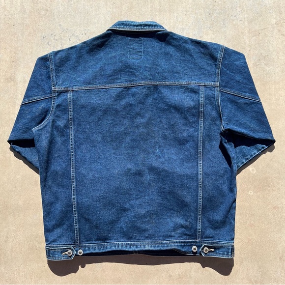Mens vintage 80s thick deep blue denim wide boxy fit jacket buttons collar kanye - Picture 2 of 4